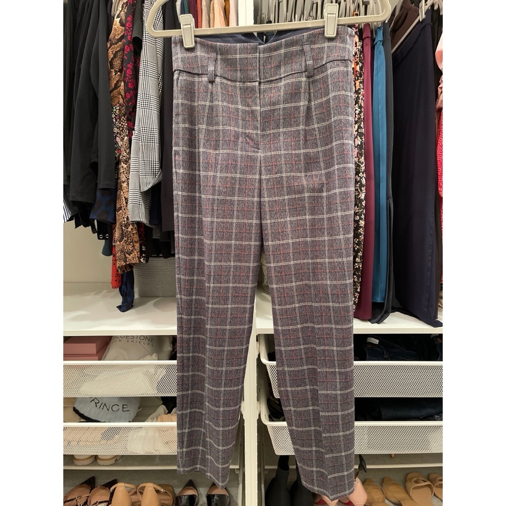 Express Plaid High Rise Ankle Trousers with Red and Gray Accents